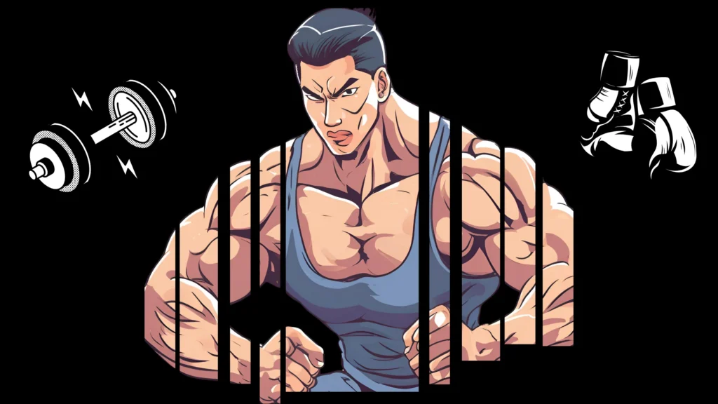 Muscular character breaking through, surrounded by fitness icons like dumbbell and boxing gloves, symbolizing strength and determination